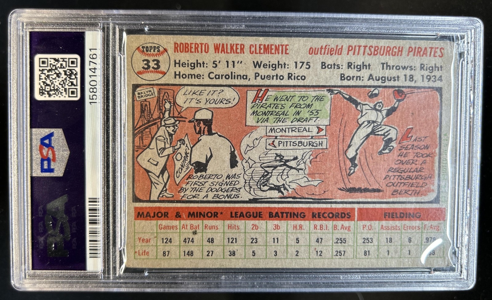 1956 Topps Roberto Clemente - #33b Pirates PSA 1 view 2