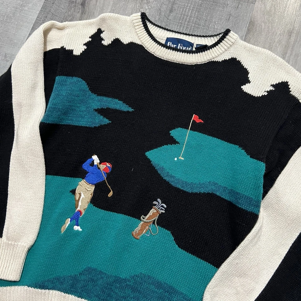 VTG Par Four Golf Sweater Multicolor Big Graphic Golfing Men's Cotton Knit M - Image 3 of 4