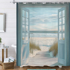 Blue Beach Barn Door Shower Curtain, Rustic Country Ocean Coastal Seaside Scener