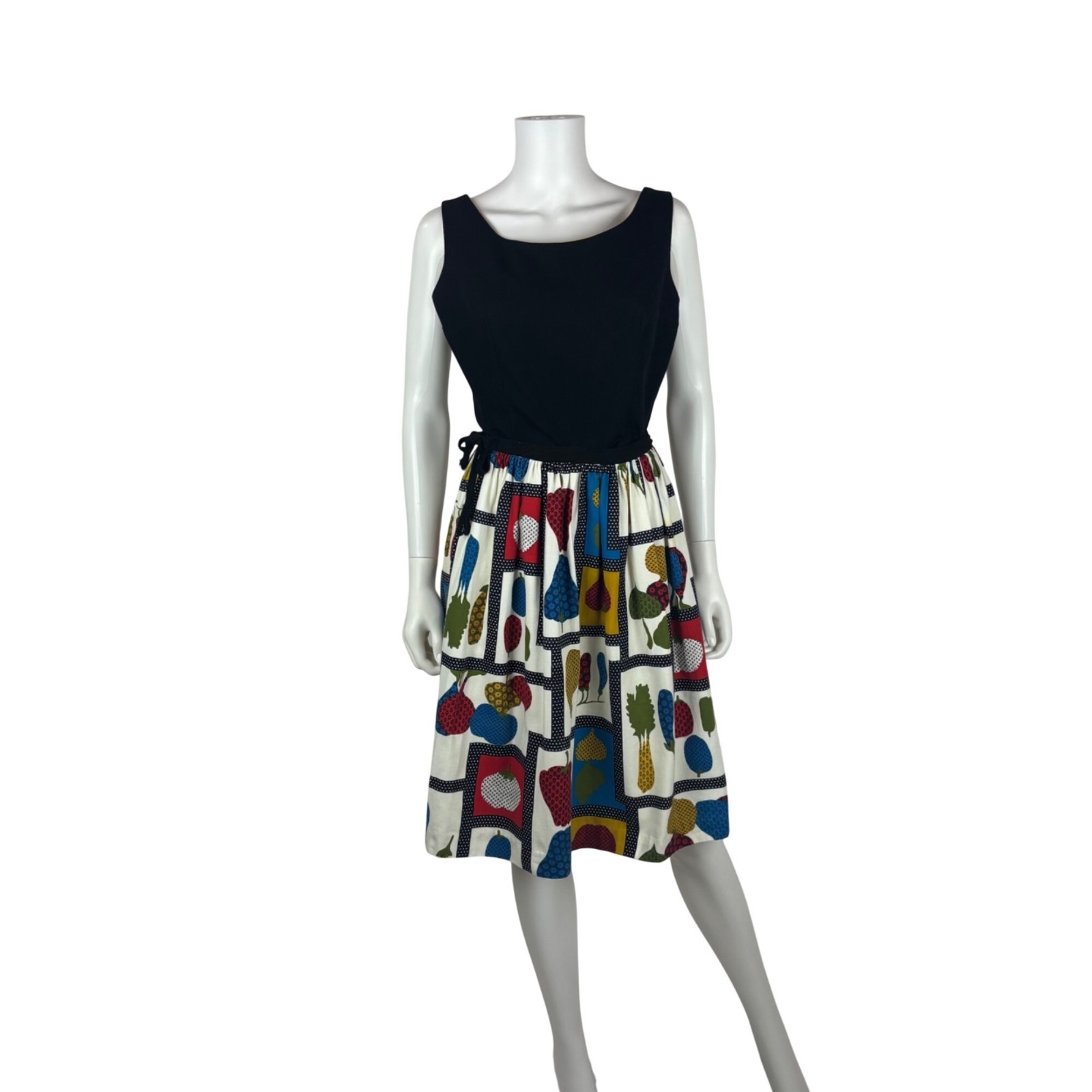 Vintage 60s Novelty Print Dress Womens XS Fruit & Vegetables Cutout Back 2 Piece