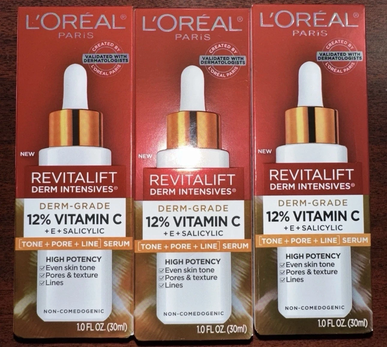 L'Oreal Paris Revitalift Derm Intensives 12% Vitamin C +E Salicylic 1 oz 3 Boxes