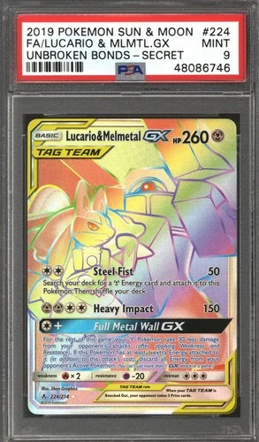 Pokemon Unbroken Bonds Lucario & Melmetal GX Full Art Secret Rare 224/214 PSA 9