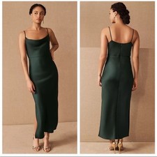 NEW Anthropologie BHLDN Cali Satin Charmeuse Midi Dress in Dark Emerald Green 12
