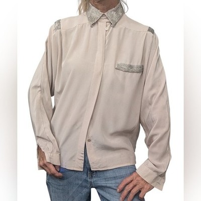 Vintage Cache Silk Blouse Champagne Beige Minimalist Quiet Luxury Sz 4