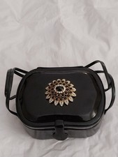 Vtg '60's Judith Leiber Rhinestone  Jet Flower Black Patent Leather Evening Bag