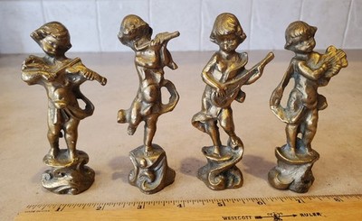 Brass Bronze Cherub Angels Violin Flute Lute Lyre Heavy Figures Set of Four Vgt