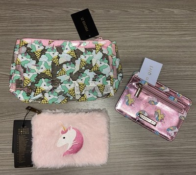 FOREVER 21 PINK UNICORN MAKEUP BAG, COSMETIC BAG, MADDEN GIRL WALLET LOT F21