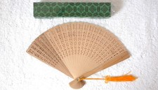 PIER ONE LACY UNFINISHED WOOD HAND HELD 6" FOLDING FAN WITH TASSEL NIB BEAUTIFUL