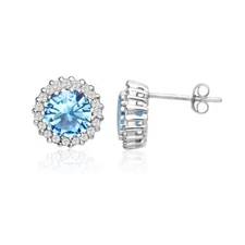 Round Halo Simulated Blue Topaz & CZ Stud Earrings in Sterling Silver