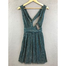 New NWT LULU'S Dress Womens S Blue Ailey Skater Deep V Twist Back Metallic Minit