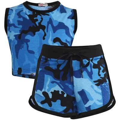 Enfants Short 100% Coton Contraste Étanchées Camouflage Bleu Haut & Filles Set - Photo 1/2