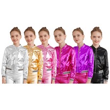 Girls Jazz Dance Jacket Disco Zip Up Metallic Bomber Coat Halloween Costume