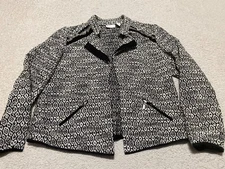Chicos Womens Blazer Jacket Large Black Gray Open Front Zip Pockets Long Sleeve