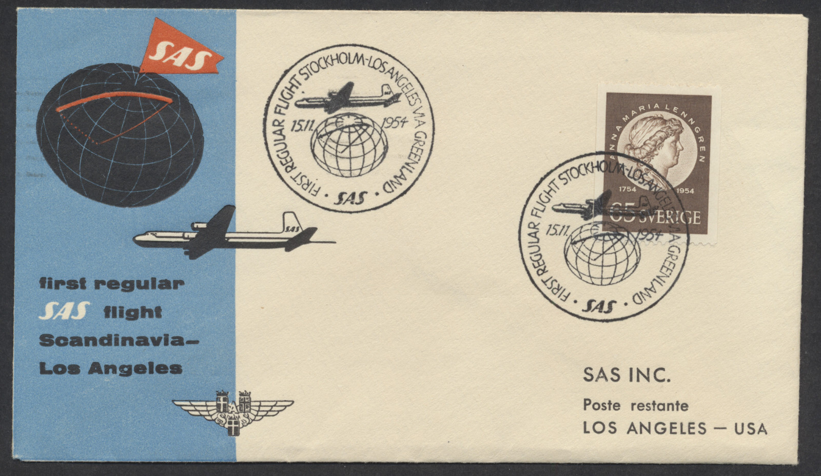 1954 Set of 4 SAS Flight Covers to Los Angeles +Inserts +Letter