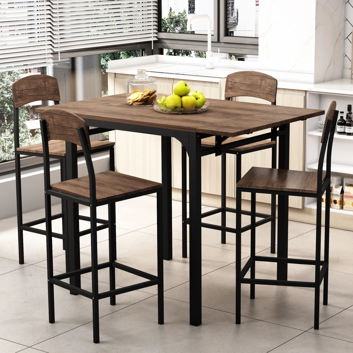 5Pcs Dining Table Set With Chairs Farmhouse Counter Height Drop