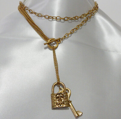 Steampunk Necklace Chain Pendant Lock and Key Brass Chain Long or Short