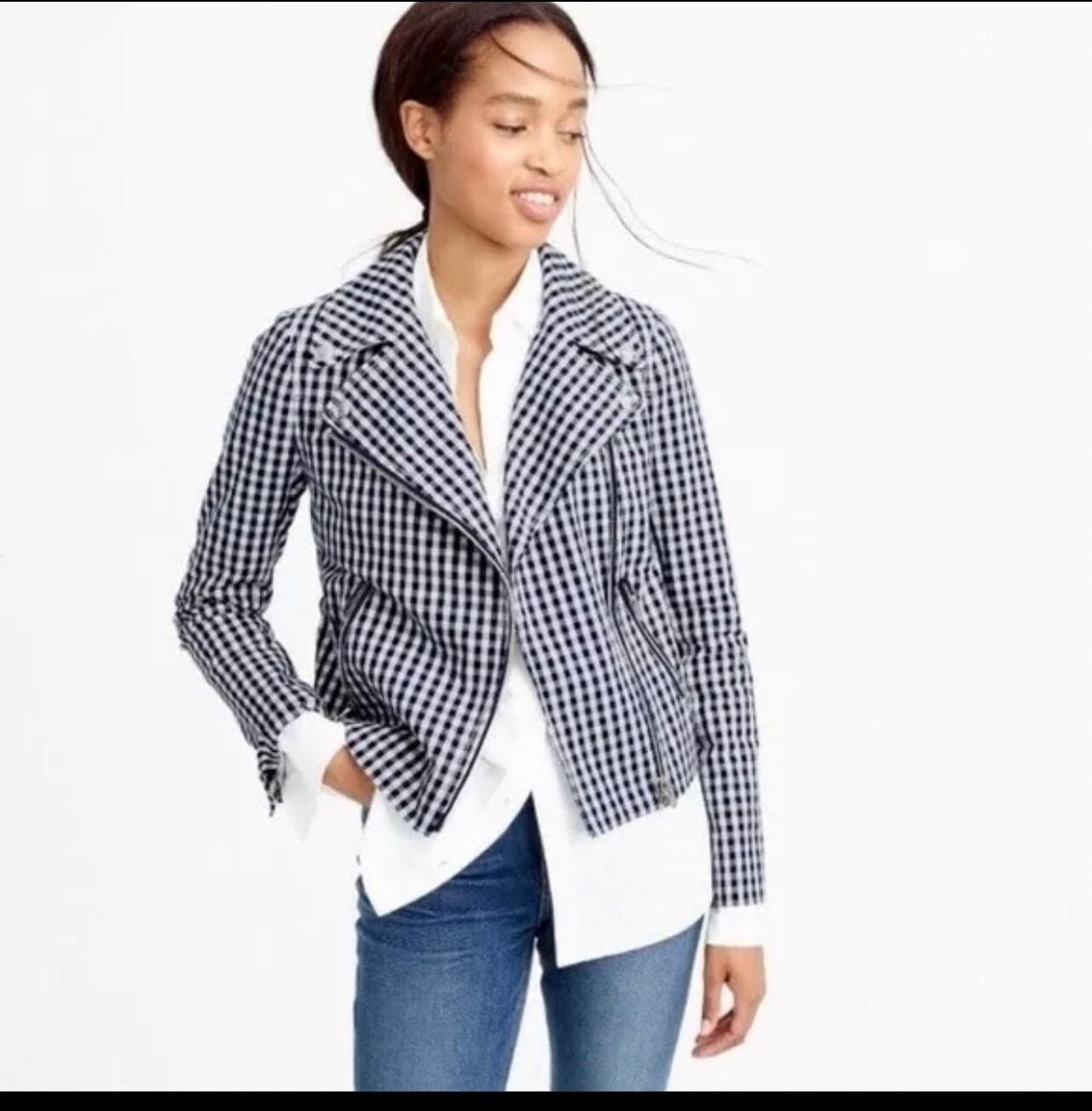 J. CREW MOTORCYCLE JACKET Blue White Gingham SIZE 4 Zipper Front NWT