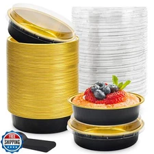 NPLUX 8 OZ Mini Cake Pans Disposable Ramekins with Lids Round Aluminum Mini F
