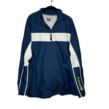 Nike Men  s Windbreaker Jacket Size XL Navy Blue Spellout Arm