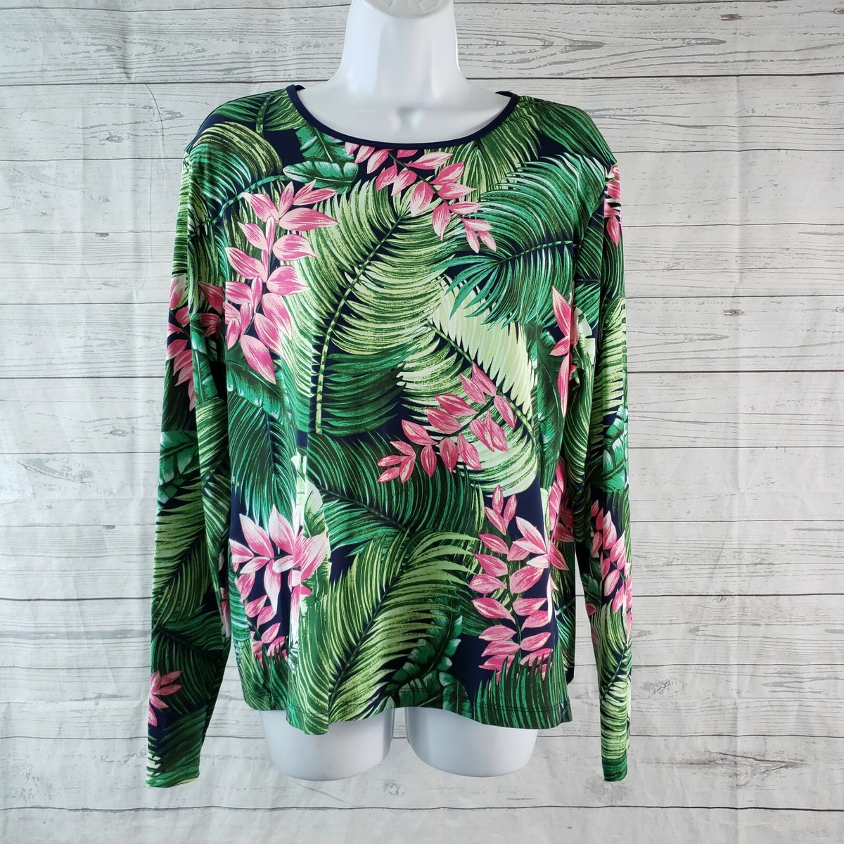 Lands End Womens Top Sz XLP Green Pink Palm Print Long Sleeve | eBay