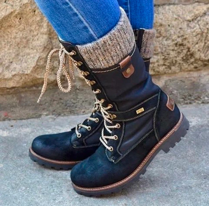 Women s Winter Shoes Retro Lace Up Mid Calf Riding Boots Combat Knitted Shoes