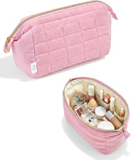 - Aesthetic Quilted Makeup Bag for Women, Pink, Puffy Padded Cute Makeup Bag Cut
