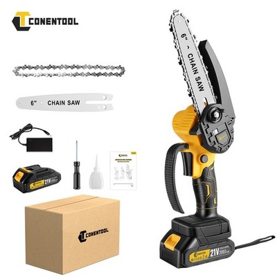 CONENTOOL Akku Kettensäge 6 Zoll Elektro Mini Kettensäge Einhandsäge Astsäge 21V