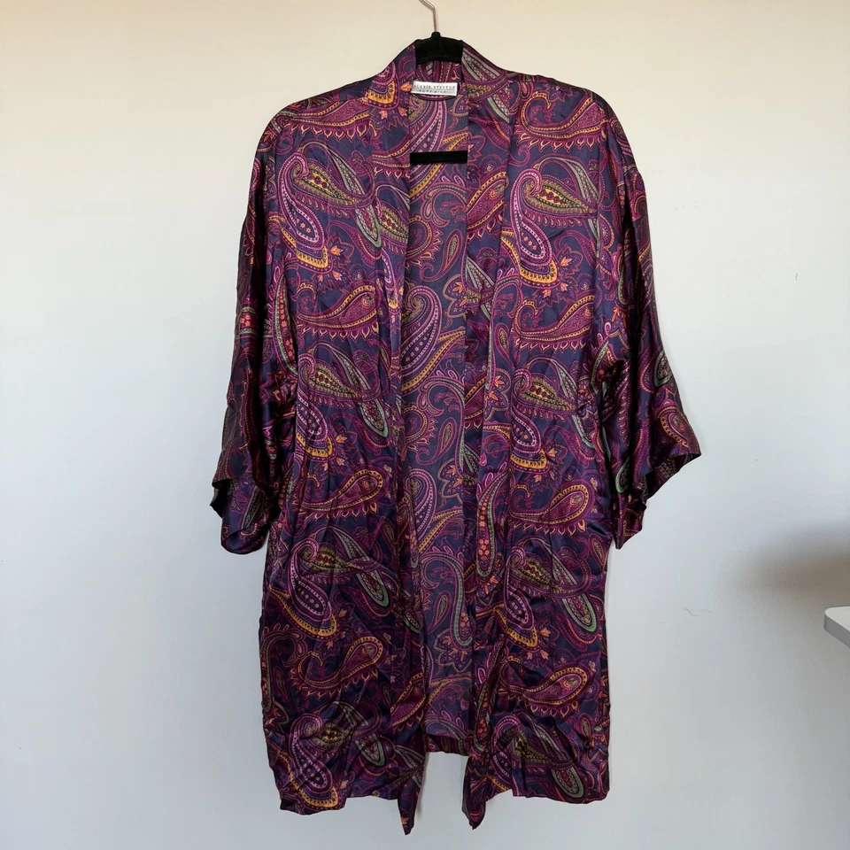 Bata kimono vintage de seda pura Valerie Stevens para mujer pequeña romántica de lujo Y2K Foto 2 de 4