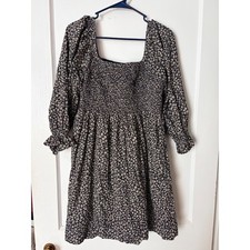 Madewell Smocked Mini Dress Black tan Floral Square Neck Long Sleeve Cotton M