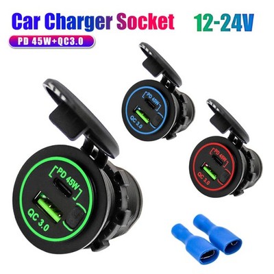 Car Charger Socket 45W PD+QC3.0 Fast Charging Adapter For 12/24V Boat Motorcycle