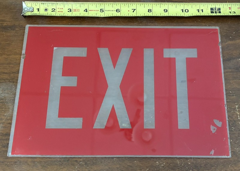VINTAGE RED & WHITE Back Painted GLASS REPLACEMENT EXIT SIGN 12 X 8