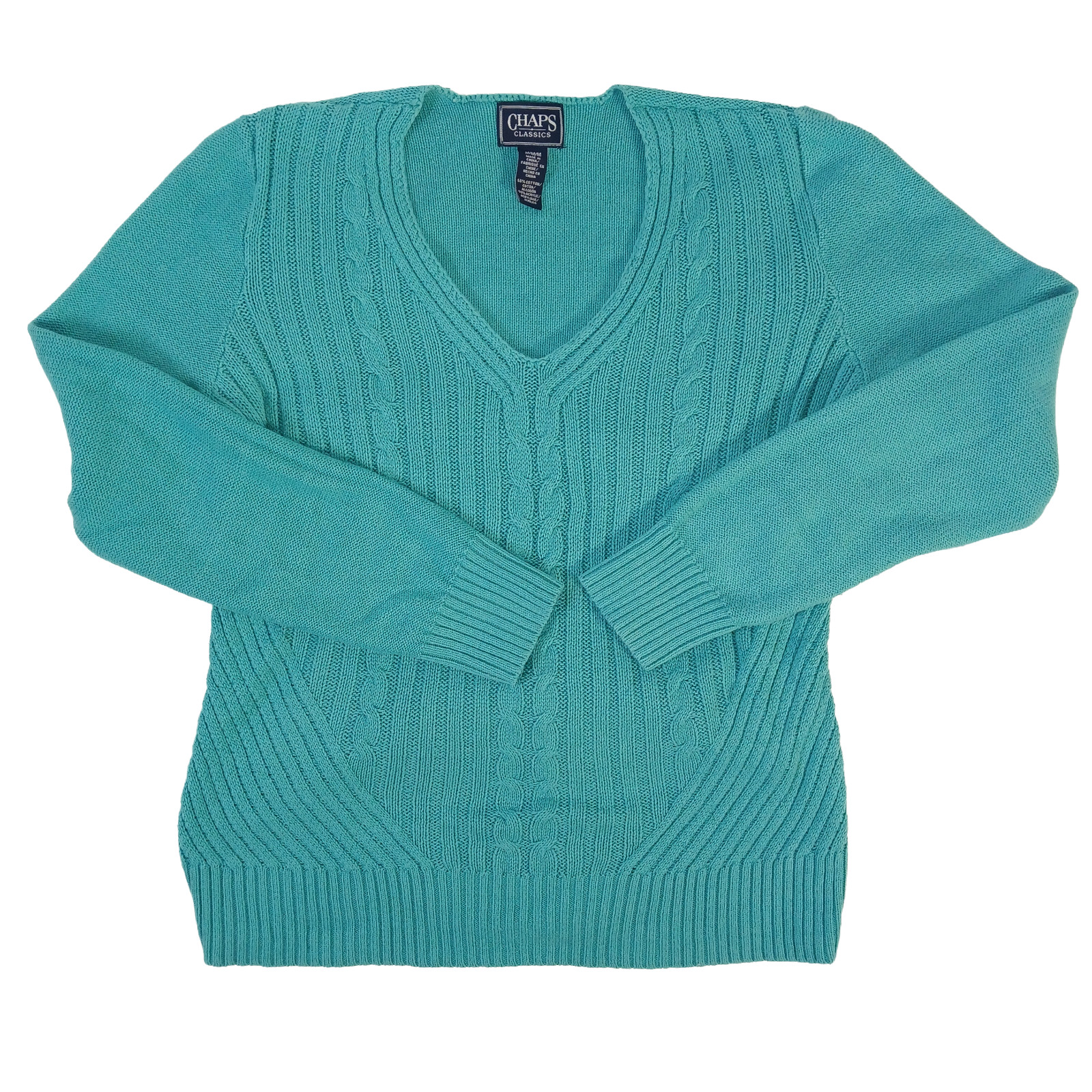 Chaps V-Neck Sweater Womens Size Medium Teal Blue Cable Knit Cotton Blend Preppy