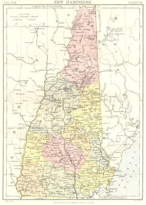 NEW HAMPSHIRE. Landeskarte zeigt Landkreise. Britannica 9. Auflage 1898 alt