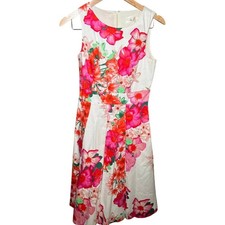 Eliza Jane Fit & Flare Dress 4 Pink White Floral Cotton Midi Party Wedding Guest