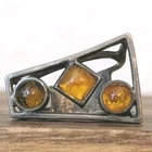 Vintage Sterling Silver Amber Ring Modernist Geometric Openwork Statement Sz 6