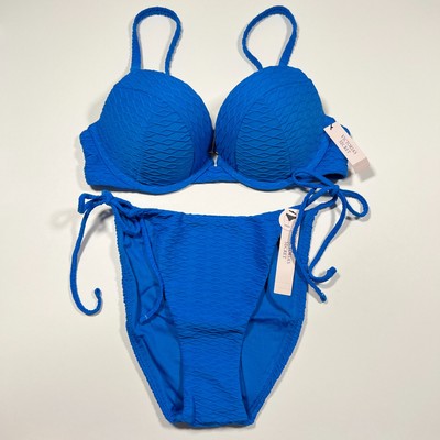 Victoria Secret 32B XS SEXY TEE Push Up Bikini Top Bottom Set Textured Blue