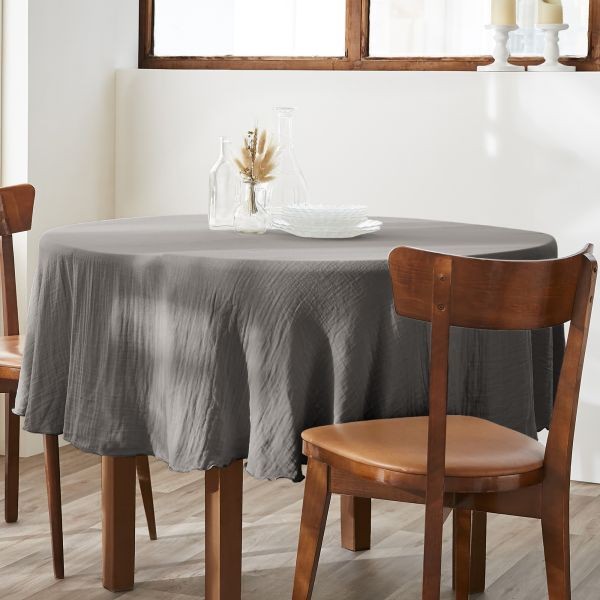 Nappe ronde 180x180 cm gaze de coton granit anti-repassage pour table de cuisine facile
