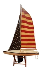 Vintage Handcrafted American Flag Sailboat Model Wooden Nautical Decor on Stand