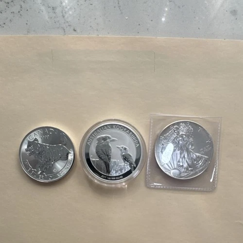 American Eagle 2015, Kookaburra 2017, Canadian Wolf 1 oz Silver Coins