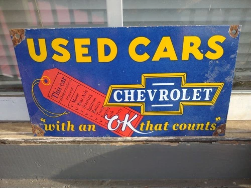 VINTAGE CHEVROLET PORCELAIN OLD SIGN OK USED CARS TRUCK SALES SERVICE DEALERSHIP