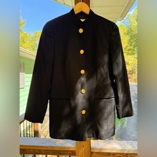 VTG Liz Claiborne 100 Wool Black Blazer Gold Crest Buttons Military Utility
