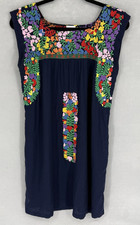J Marie Dress Womens Small Navy Embroidered Floral Boho Shift Tunic Rayon Linen