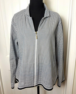 Liz Claiborne Liz & Co. Gingham Jacket Black White Collared Zip Pockets M