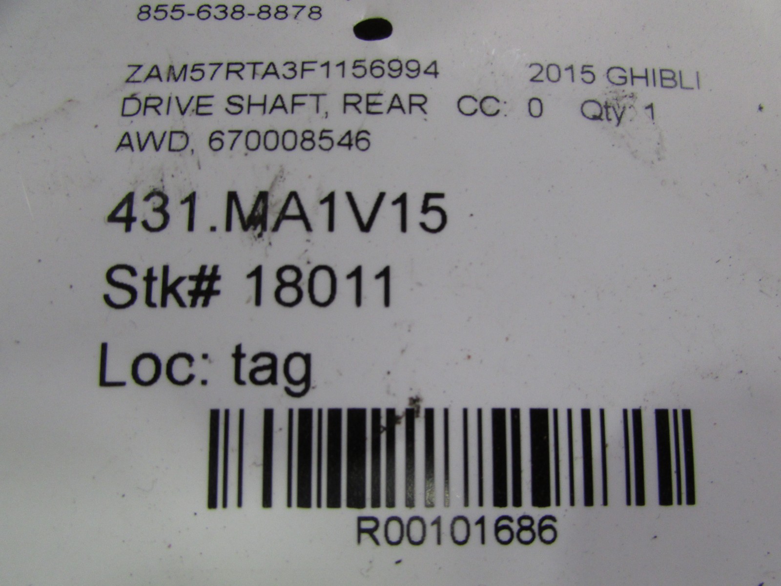 Maserati Ghibli, Rear AWD Drive Shaft, Used,, P/N 670008546