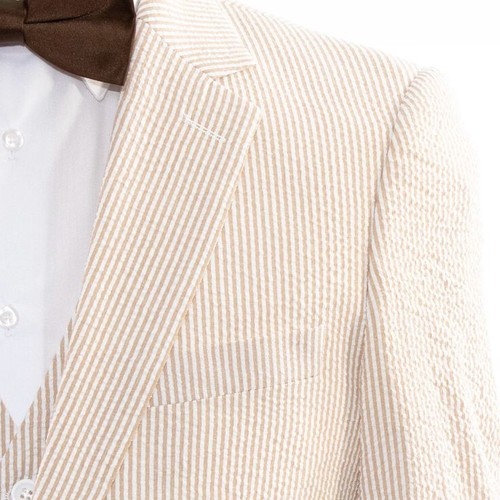 Men Seersucker Suit Beige Groom Tuxedo Prom Party Wedding Casual Beach 3 Piece - Picture 3 of 13