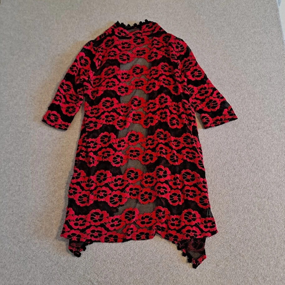 Espanador Transparente Feminino XL Vermelho Preto Kimono Camadas Floral Capricho Gótico Fada Grunge - Imagem 2 de 4