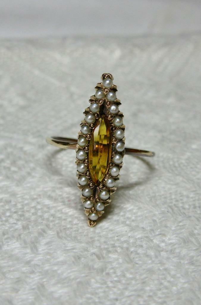 Citrine Perle Bague Marquise Navette Or Victorien Belle Époque