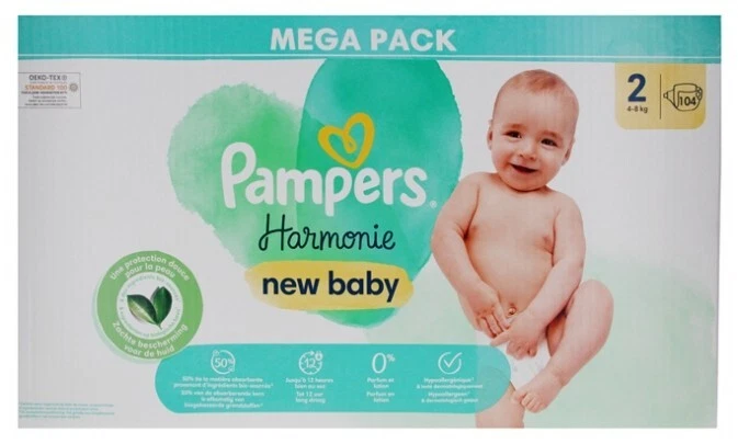 Mega Pack 104 Couches PAMPERS HARMONIE New Baby Taille 2 (4 à 8 KG) Changes  Bébé