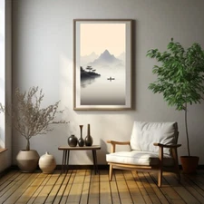 Misty Mountain Serenity - Calming Lake Digital Print for Modern Home Decor