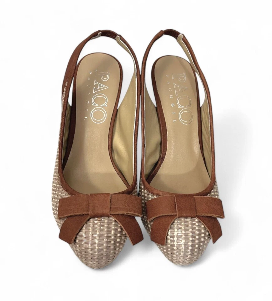 Zapatos de salón Paco Gil marrón tejido con cordones talla 8 ribete de cuero y lazo punta almendra Foto 2 de 4